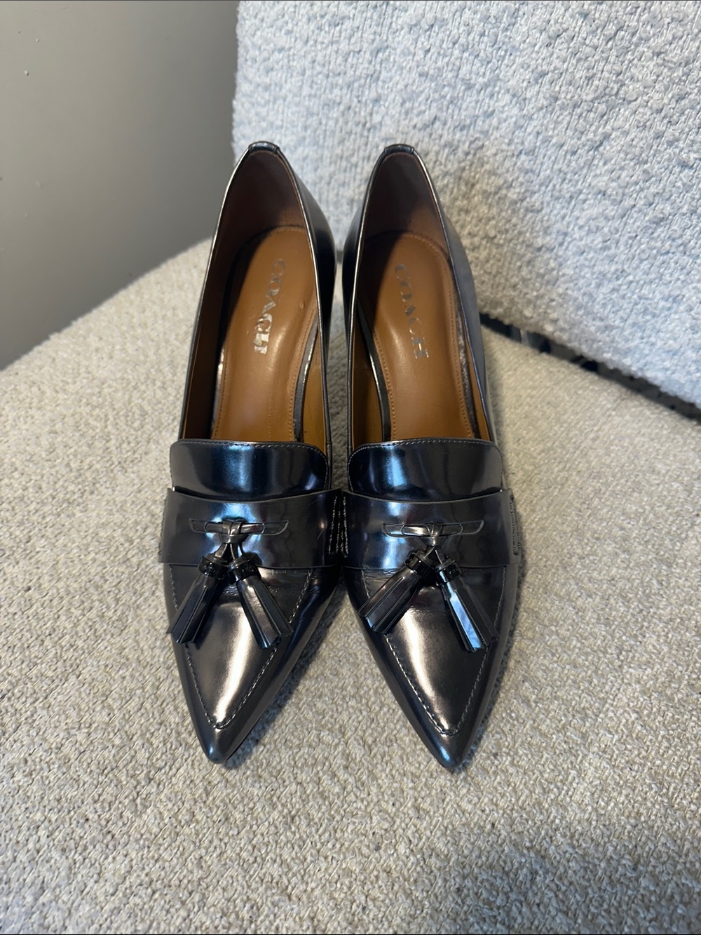 Coach silver Patent Leather Pointed Tassel Loafers heels (Women's)